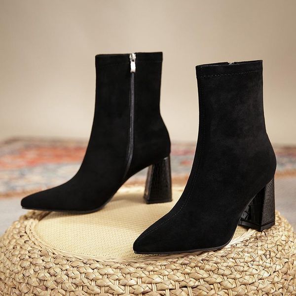 

boots 42 big size suede leather ankle women pointed toe corcodile high heels winter female elastic concise booties, Black
