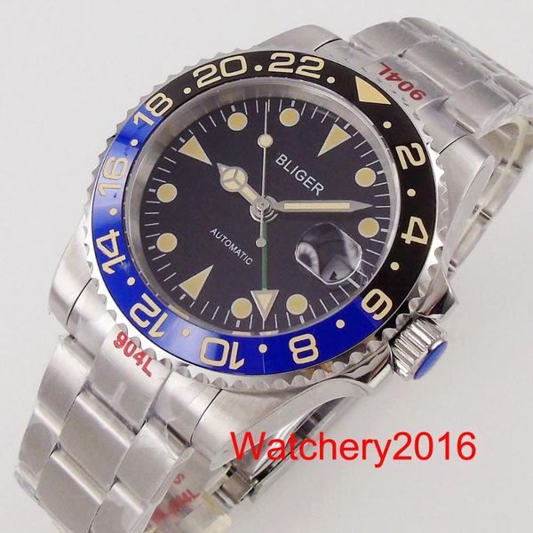 

wristwatches bliger brand 40mm black dial automatic men watch green gmt luminous yellow marks sapphire glass oyster strap ceramic bezel, Slivery;brown