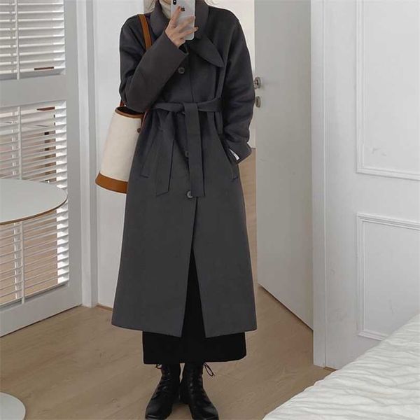 

blends women solid coats bow single breasted wool winter outwear warm elegant loose female casual long clothe 210525, Black