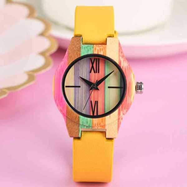 Doces amarelo colorido madeira top luxo mulheres vestido único relógio de bambu relógios de relógio de quartzo para meninas relógio simples feminino
