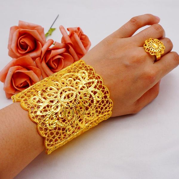 

Earrings & Necklace Luxury Dubai Wide Bangle Bridal Ethiopian Gold Color Bracelets Ring For Women India Bride Wedding Bracelet African Arab, Silver
