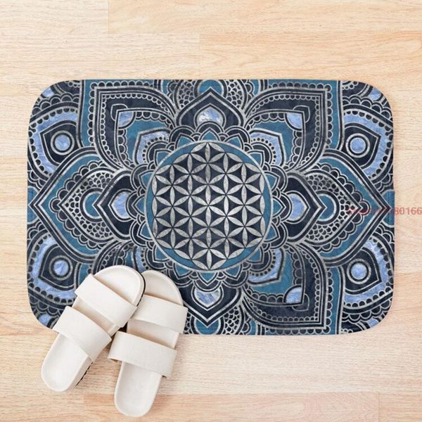 

mat flower of life in lotus mandala blue crystal and silver 3d pattern print bath mats anti slip soft washable bathroom