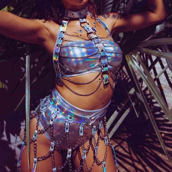 

faux leather holographic outfit backless metal chain adjustable mini skirt summer night party rave festival 2 pcs sets 210407, White