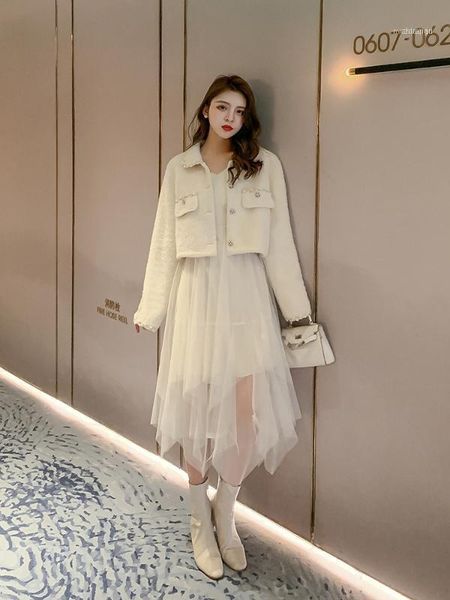 

two piece dress bllocue 2 set 2021 autumn women outfits female fur short coat + spaghetti strap mesh long lovely suit1, White