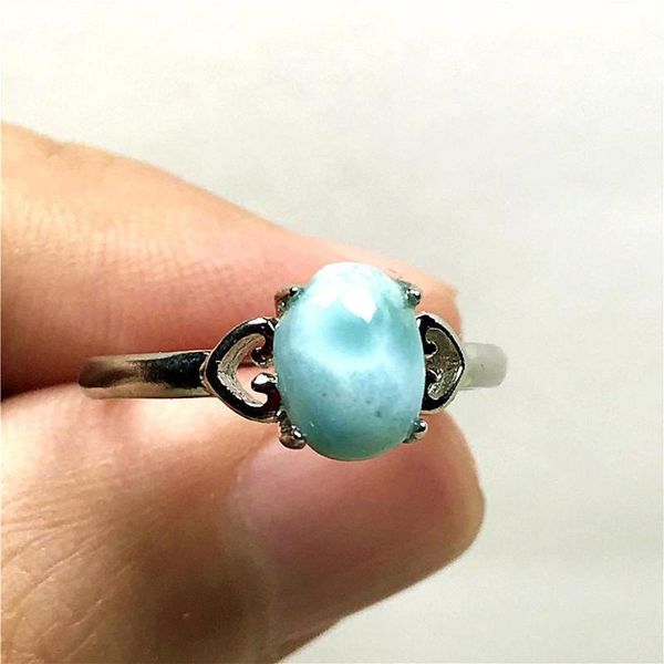 

cluster rings adjustable size ring natural blue larimar jewelry for woman man crystal silver 8x6mm oval beads water pattern stone, Golden;silver