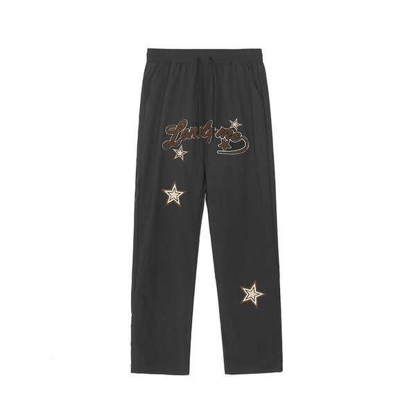 

men's pants ankle button leopard letter stars embroidery vibe style casual trousers for men and women drawsring straight oversized, Black