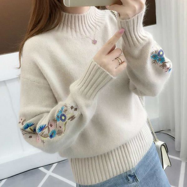 

women's sweaters women pullower knitte sweater fashion floral embroidery o-neck korean cashmere autumn winter casual slim clothes femal, White;black