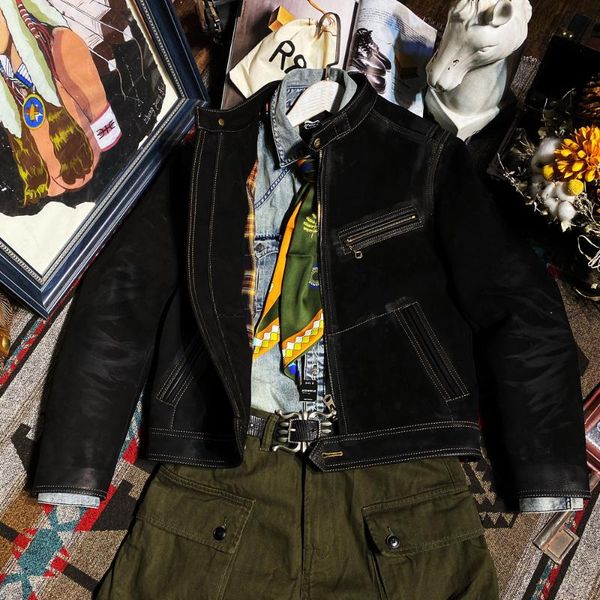 

asian size, read description super quality genuine suede cow leather slim stylish biker jacket men's & faux, Black