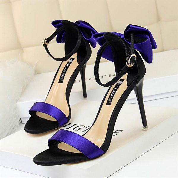 

bowknot womens silk sandals dress ladies fashion thin heels woman high open toe lady t-strap female summer shoes, Black