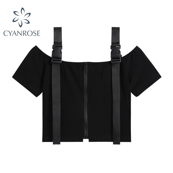 Gothic Black Off Shoulder Women Tees Cerniera Cinghie a maniche corte T Shirt Summer Fashion Streetwear Causale Crop Tops 210515