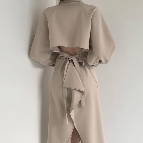 

autumn long dress for women sleeve turn down collar backless split high waist ladies dresses party elegant casual r1, Black;gray