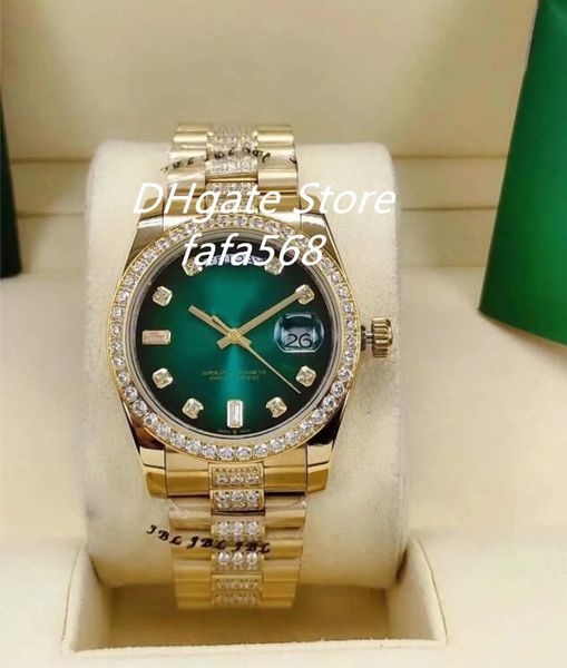 

est automatic men watch 128348 36mm gold case stones bezel and diamonds in middle of bracelet green face wrist watches, Slivery;brown