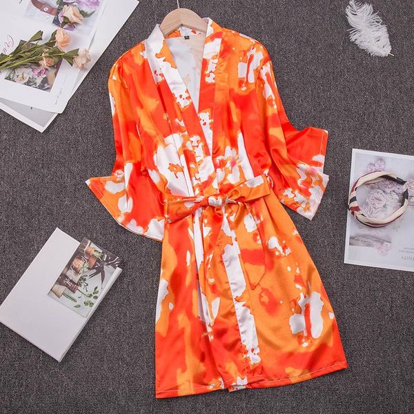 

women's sleepwear spring women tie dye flame printed satin lounge half sleeve kimono robes soft bathrobe ladies loungewear, Black;red