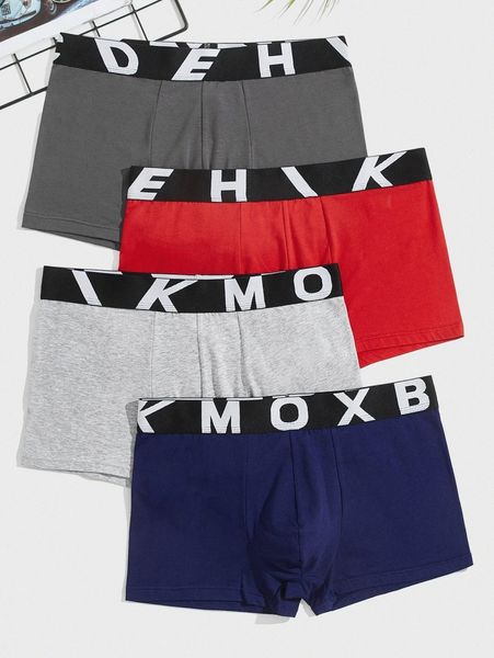 

men 4pcs contrast letter tape boxer brief 40yt#, Black;brown