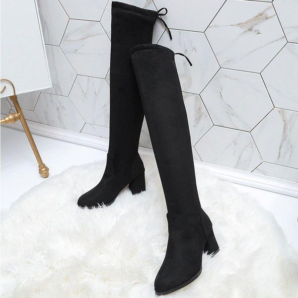 

boots 2021 women over the knee high wedges heels winter shoes pointed toe elastic fabric size 35-40, Black