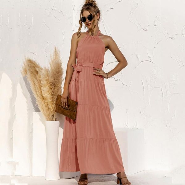 

casual dresses 2021 summer backless halter dress women elegant maxi long female sleeveless party ladies beach black pink, Black;gray