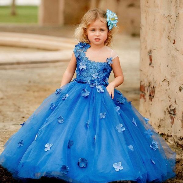 2021 Abiti da ragazza di fiori in pizzo blu Abito da ballo Collo trasparente Fiori fatti a mano Lilttle Abiti da sposa per spettacolo di compleanno per bambini