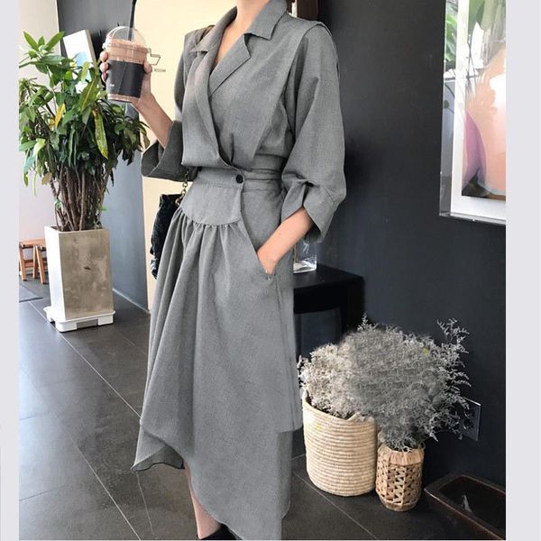 

casual dresses asymsay office lady elegant high waist notched dress women 2021 autumn irregular hem korean style slim ac5505, Black;gray