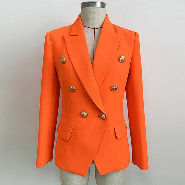 Alta qualidade jaqueta feminina terno laranja escritório feminino outono e inverno magro-encaixe de metal duplo-breasted ladies blazer 210527