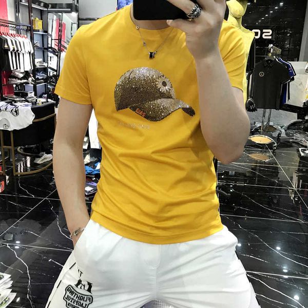 

w0688 summer new personalized hat drill short sleeve t-shirt net red tide brand slim handsome versatile t-shirt, White;black