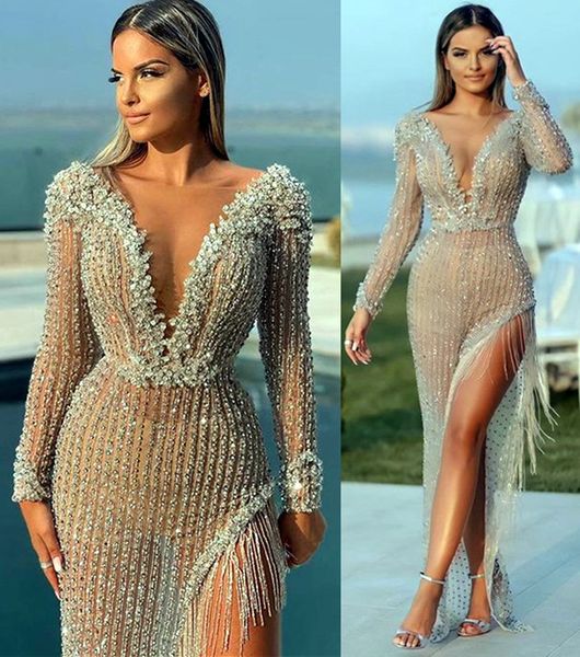 

2021 plus size arabic aso ebi luxurious sparkly prom dresses beaded crystals high split evening formal party second reception gowns dress zj, Black