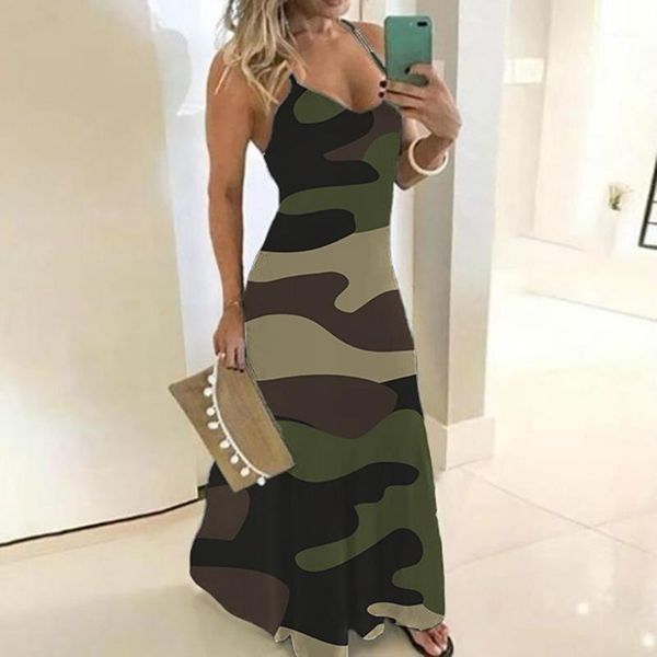 

casual dresses camouflage summer dress women sleeveless spaghetti strapÂ sundress plus size v-neck long sundress female party maxi, Black;gray