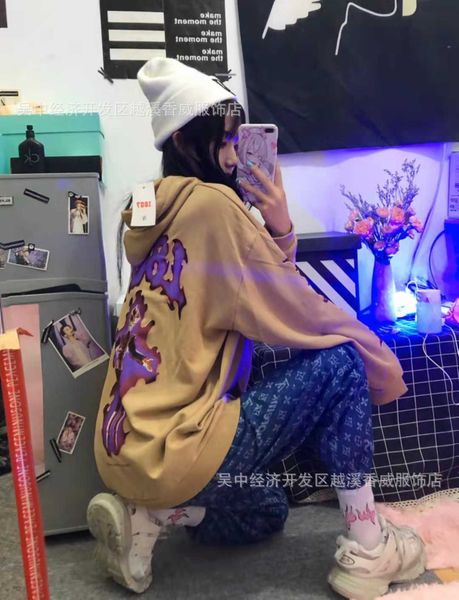 

guochao 2021ss autumn and winter limited wukong purple men's women's same loose hooded sweater, Black