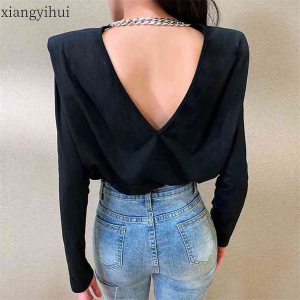 

autumn backless metal chain shoulder padded black long sleeve t shirt women fashion loose t-shirt ladies oversized 210401, White