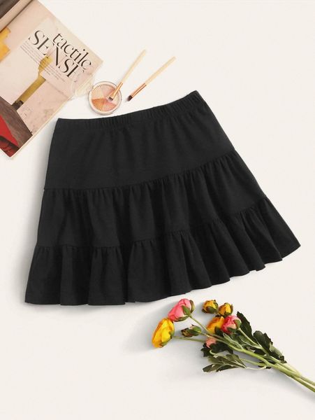 

elastic waist ruffle hem skirt h9jx#, Black
