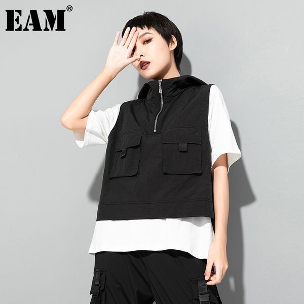 

[eam] women black white pocket zipper casual t-shirt round neck short sleeve fashion spring summer 1dd6690 210512