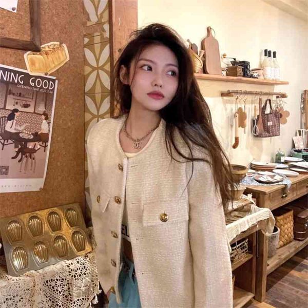 

celi * e2021 early autumn new tweed fashion versatile single breasted short round neck solid color small coat, Black