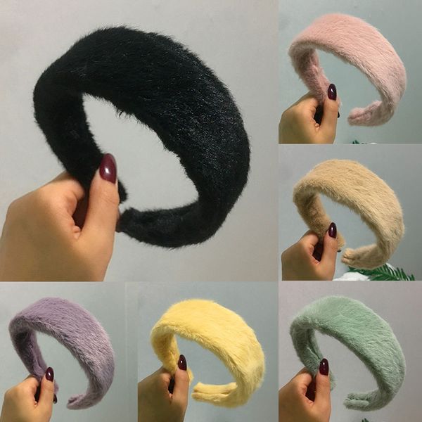 

winter rabbit fur headband plush hair hoop simple wide-brimmed furry hair bands solid faux fur headwear bezel hair accessories, Silver