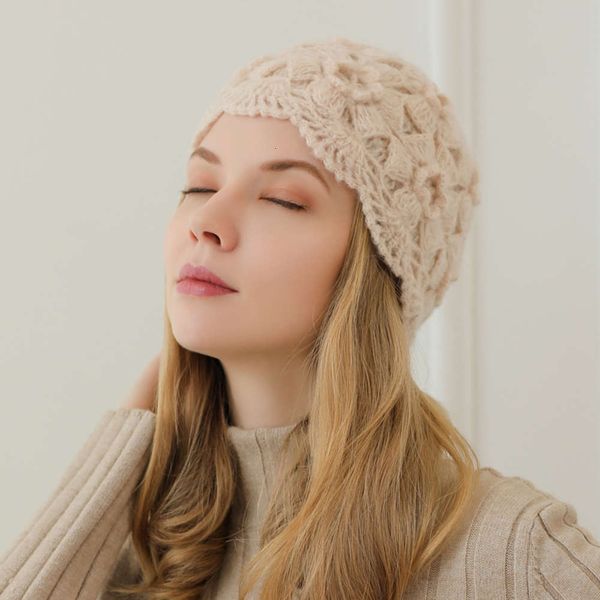 

woman exotic hand crochet three dimensional flower hat mohair ear protection knitted hat elegant beret, Blue;gray