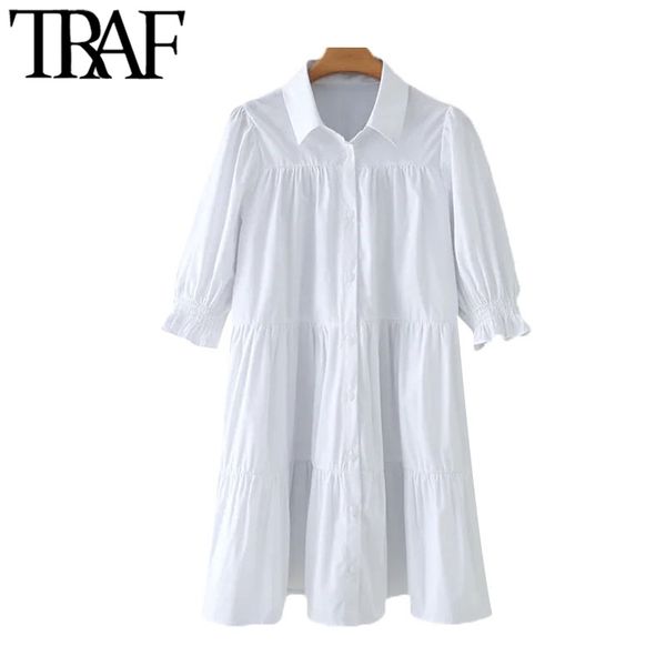 

traf women sweet fashion button-up ruffled mini dress vintage lapel collar puff sleeve female dresses vestidos mujer 210415, Black;gray