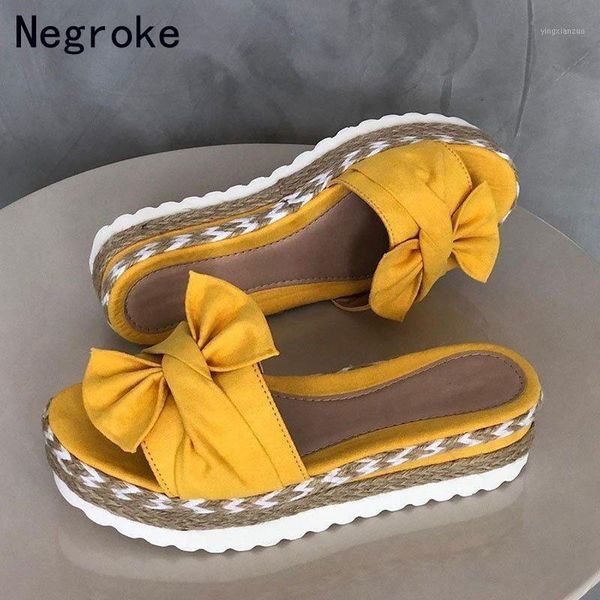 

slippers women summer 2021 platform wedges mid heels bowknot peep toe cool slides beach outdoor ladies shoes zapatos de mujer1, Black