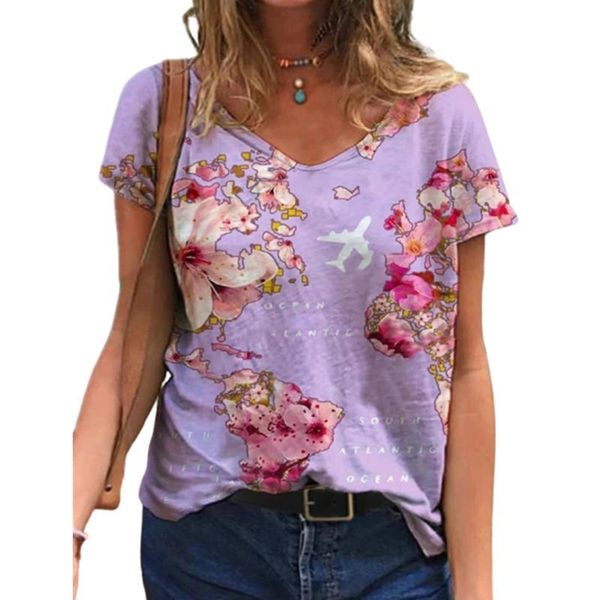 

women's t-shirt summer plane flower print t shirt casual v-neck short sleeve tee female loose vintage pullover streetwear, White