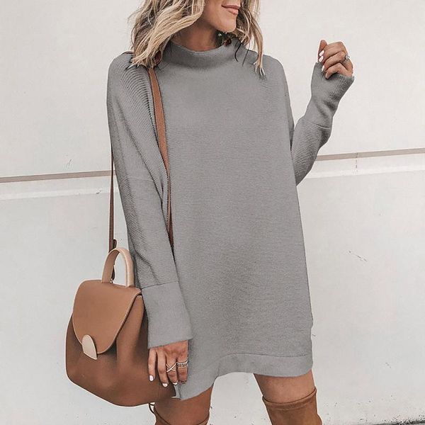 

casual dresses women fashion solid straight loose round collar stitching knitted mini dress long-sleeved knee-length, Black;gray