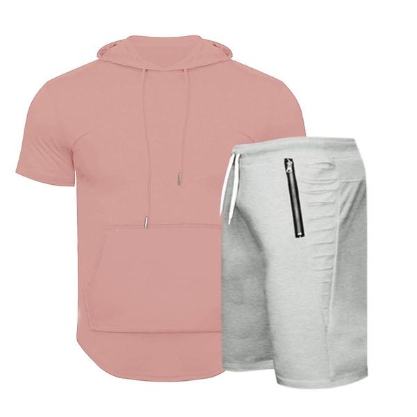 

men's summer hooded tracksuit breathable soft sporty textured slit short sleeve shorts set male fashion sports suits #4 gym clothing, White;black