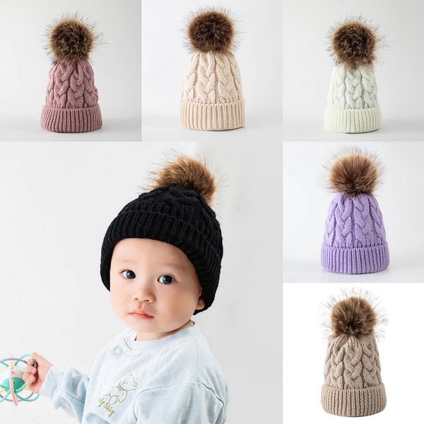 

baby winter hat knit wool twisted children pompom fur ball crochet caps warm kids thick boy girl beanie cap, Yellow