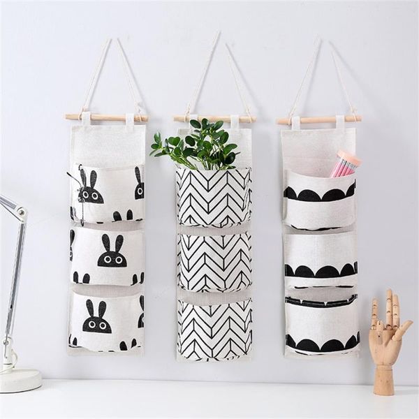 

storage boxes & bins 3 pockets wall hanging bag door home bedroom organizer cotton linen closet hang sundries cosmetics