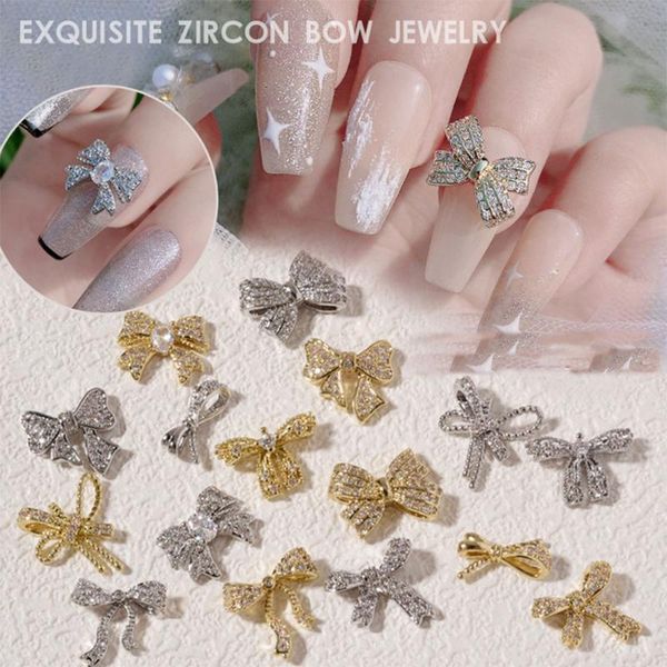 

nail art decorations 1pcs 3d bowknots jewelry alloy with shining zircon rhinestones for tips manicure accessories, Silver;gold