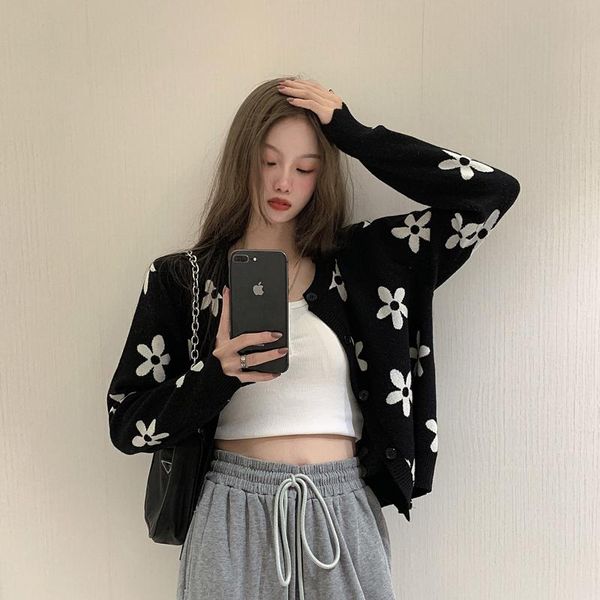 

women's sweaters female korean harajuku ins loose flowers cardigan sweater japanese kawaii ulzzang vintage clothing for women, White;black