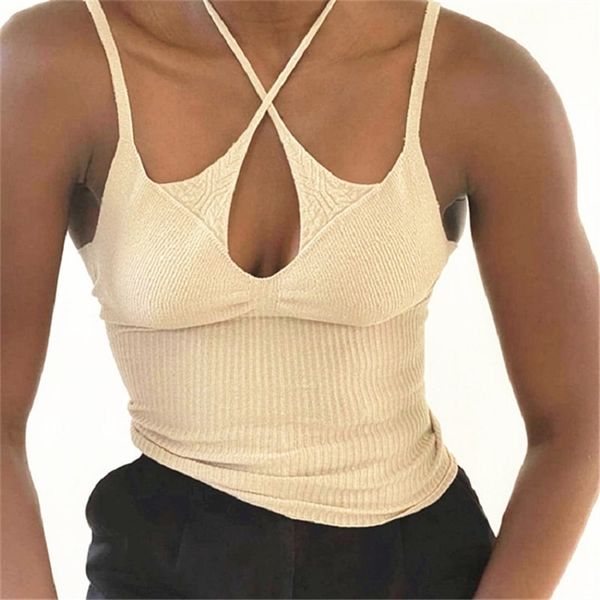 

halter summer knitted women's fashion trend v-neck cross tie solid color slim knit sling for women 210508, White