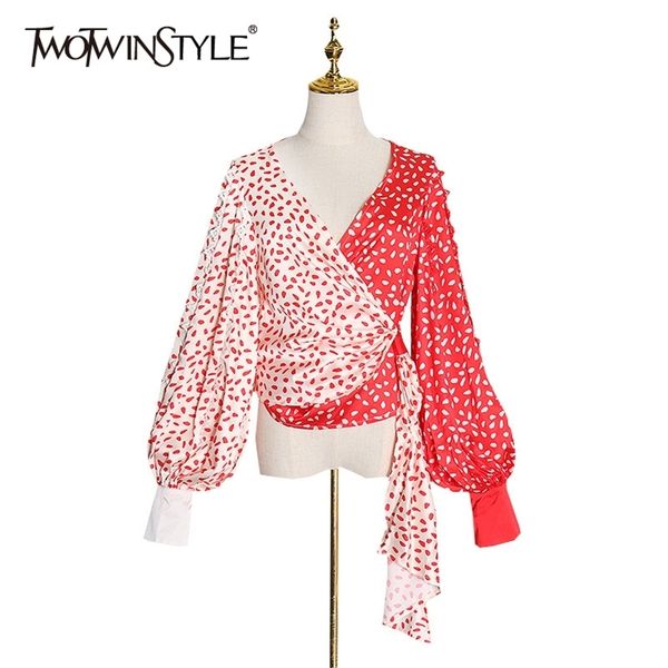 

print dot hit color shirt for women v neck long sleeve lace up bowknot casual blouse female fashion clothing 210524, White