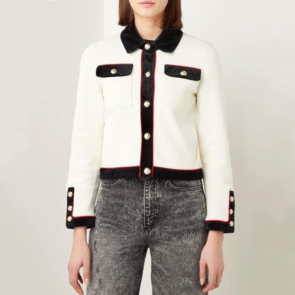 

women's jackets french m family 2021 spring and summer temperament small fragrance color contrast rolled metal button knitted cardigan, Black;brown
