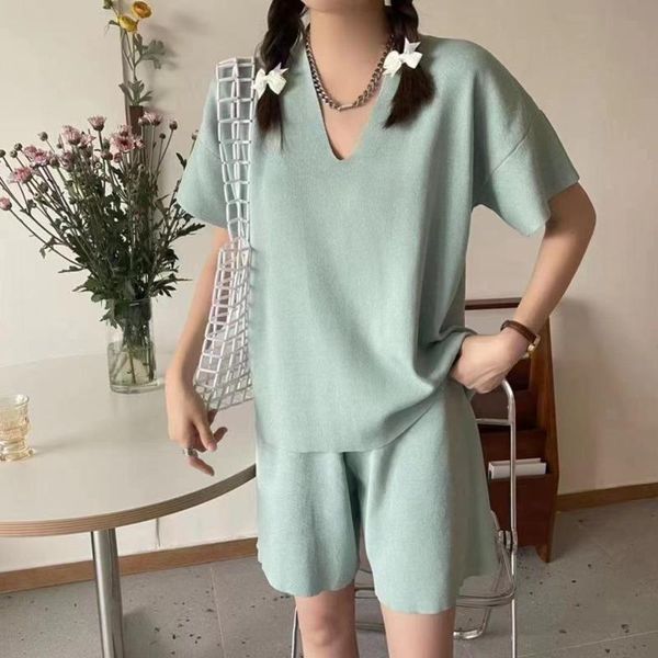 

women's polos 2021 summer korean loose knitted two piece set women pullover sweater + wide leg shorts sets casual 2 suits, White