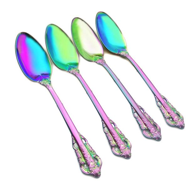 

spoons luxury stainless steel elegant rainbow soup spoon dessert carving handle sharp court style dinnerware set 4pcs/set