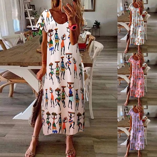 

summer beach bohemian sundress printed o-neck short sleeve split dress womens holiday ladies party women's swimwear, White;black