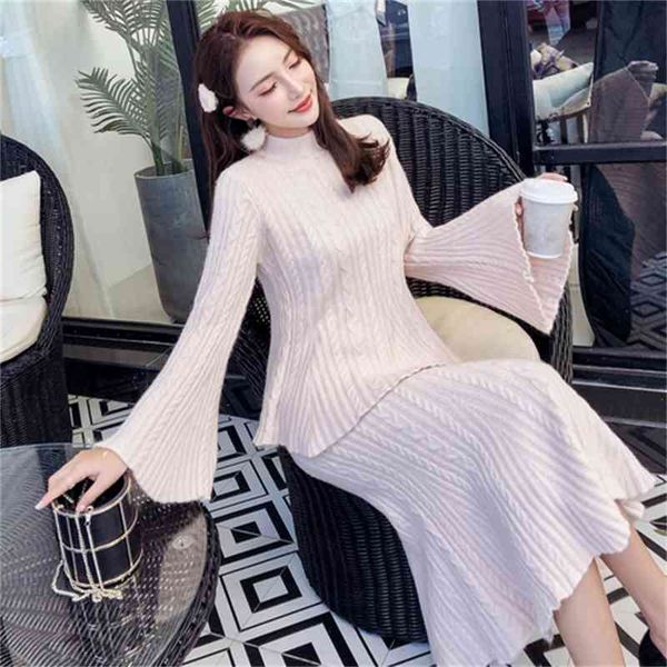 

two piece dress elegant ladies solid sweater skirt 2 set women fashion o neck long sleeve knitted pullovers suits nnoz, White