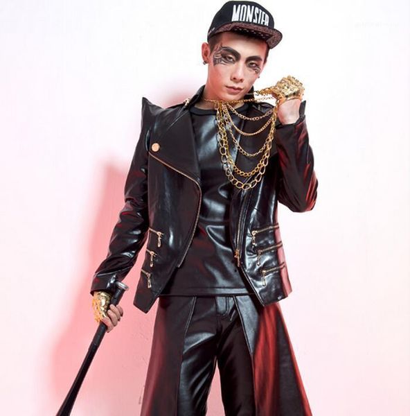 

men's fur & faux style original design outerwear male leather rivet zipper costume nightclub bar jacket men'c clothing, Black